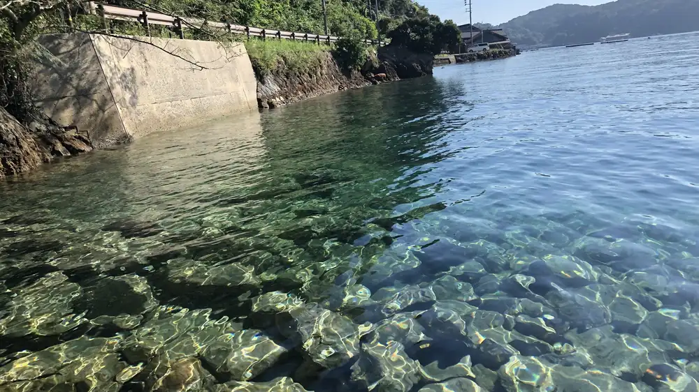 澄んだ水の底に岩がごろごろと沈む、岸壁沿いの釣り場
